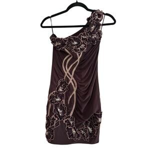 SEAM One-Shoilder Sequin Floral Bodycon Applique Plum Mini Dress Back Cut-Out